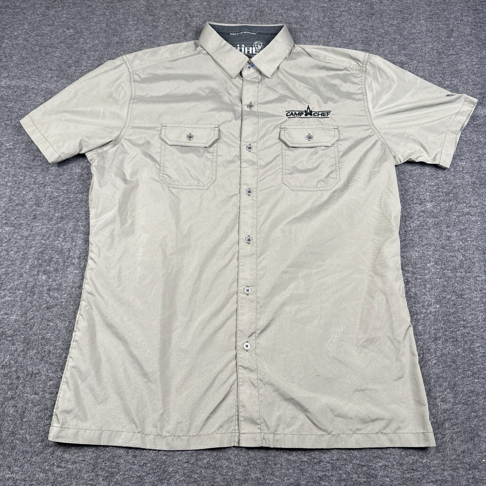 Kuhl Shirt Mens Large Beige Response Button Up Short Sleeve Hike Bike Camp Chief